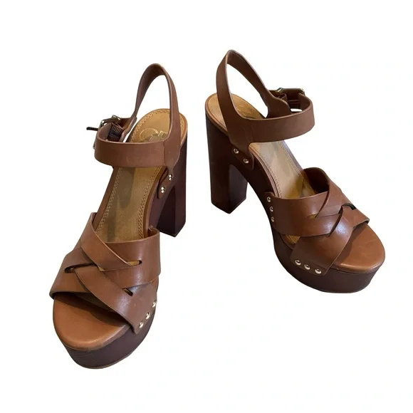 Gianni Bini Brown Leather Wood Platform Sandals, Sz 7 - Picture 2 of 13